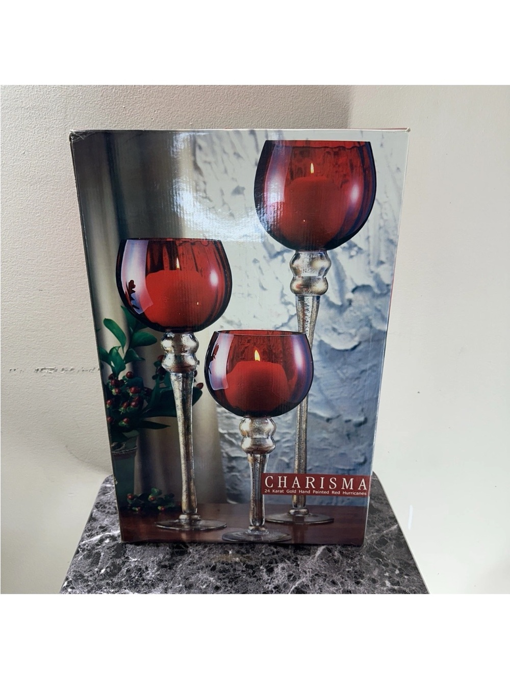 Charisma 24k Gold Hand Painted Red Hurricane Candle Holders Set of 3 New in Box